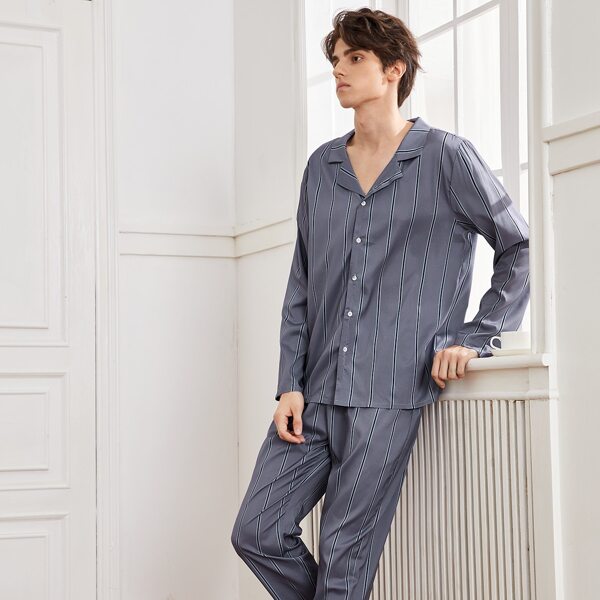 

Men Striped Lapel Collar Button Up Tee & Pants Lounge Set, Dark grey
