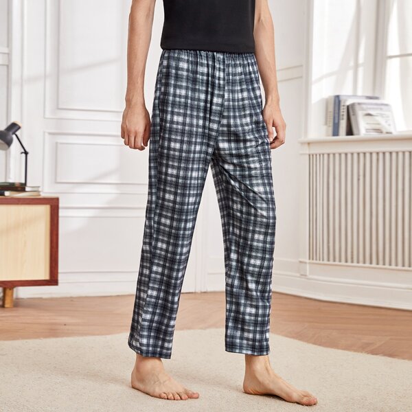 

Men Plaid Print Sleep Pants, Black and white