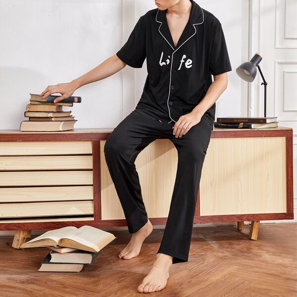 

Men Letter Graphic Piping Trim PJ Set, Black