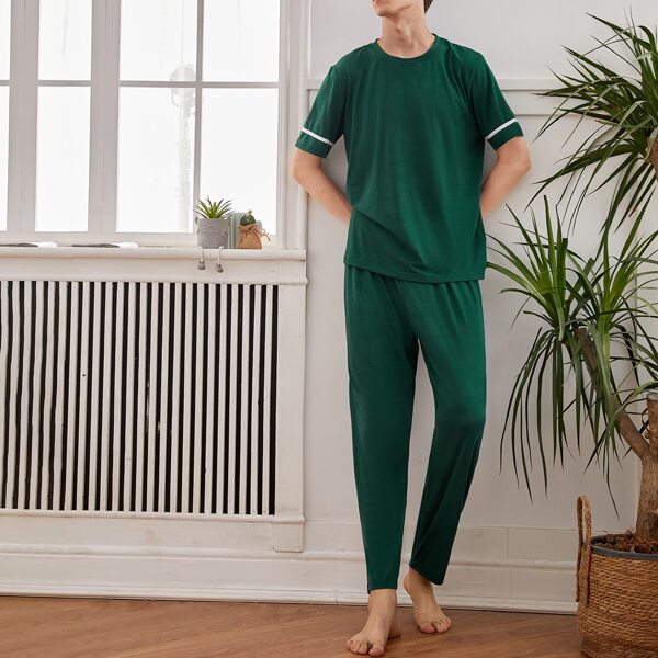 

Men Contrast Binding PJ Set, Dark green