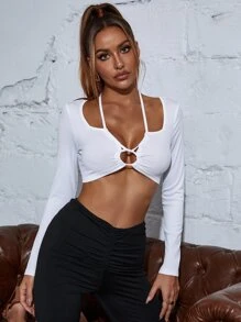 SHEIN Unity Áo nữ Cắt ra Buộc lại màu trơn Gợi cảm - trắng - Xem 4