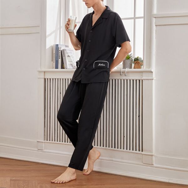 

Men Letter Graphic Lapel Collar Button Up Tee & Pants Lounge Set, Black