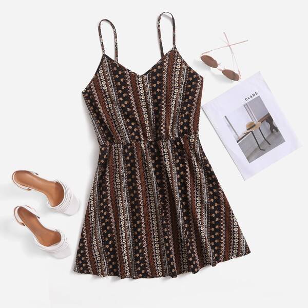 

Striped & Floral Print Cami Dress, Multicolor