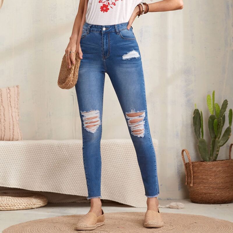 

Raw Hem Ripped Zipper Fly Skinny Jeans, Medium wash