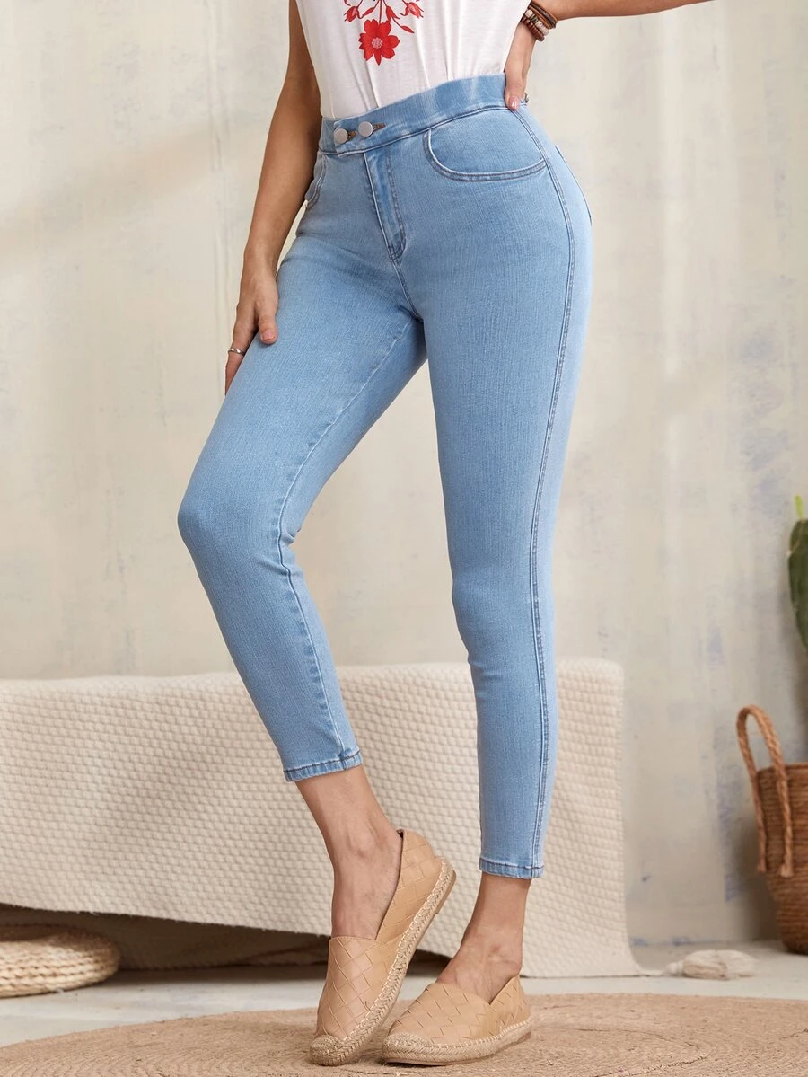 High-Waisted High Stretch Skinny Ankle Jeggings - Light Wash - View 1