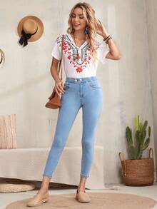 High-Waisted High Stretch Skinny Ankle Jeggings - Light Wash - View 4