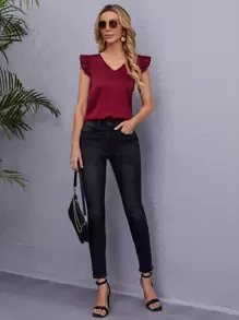 SHEIN Clasi V Neck Ruffle Armhole Blouse,Sleeveless Tops - Burgundy - View 4