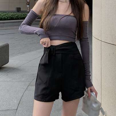 캐주얼 벨티드 포켓 플레인 반바지