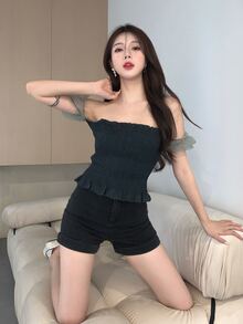 網紗拼接打褶上衣 - 墨綠色 - 查看 1