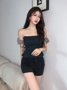 網紗拼接打褶上衣 - 墨綠色 - 查看 3