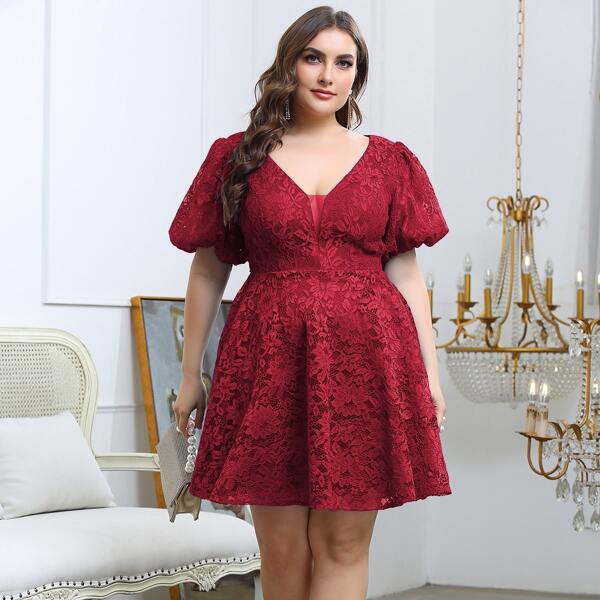 

Plus Lace Bishop Sleeve Fit & Flare Dress, Burgundy