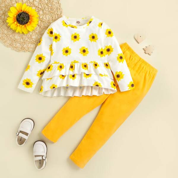 

Toddler Girls Sunflower Print Layered Hem Top & Pants, Multicolor