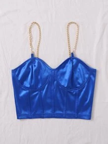 SHEIN Privé Chain Detail Silky Bustier Cami Crop Top - Blue - View 4