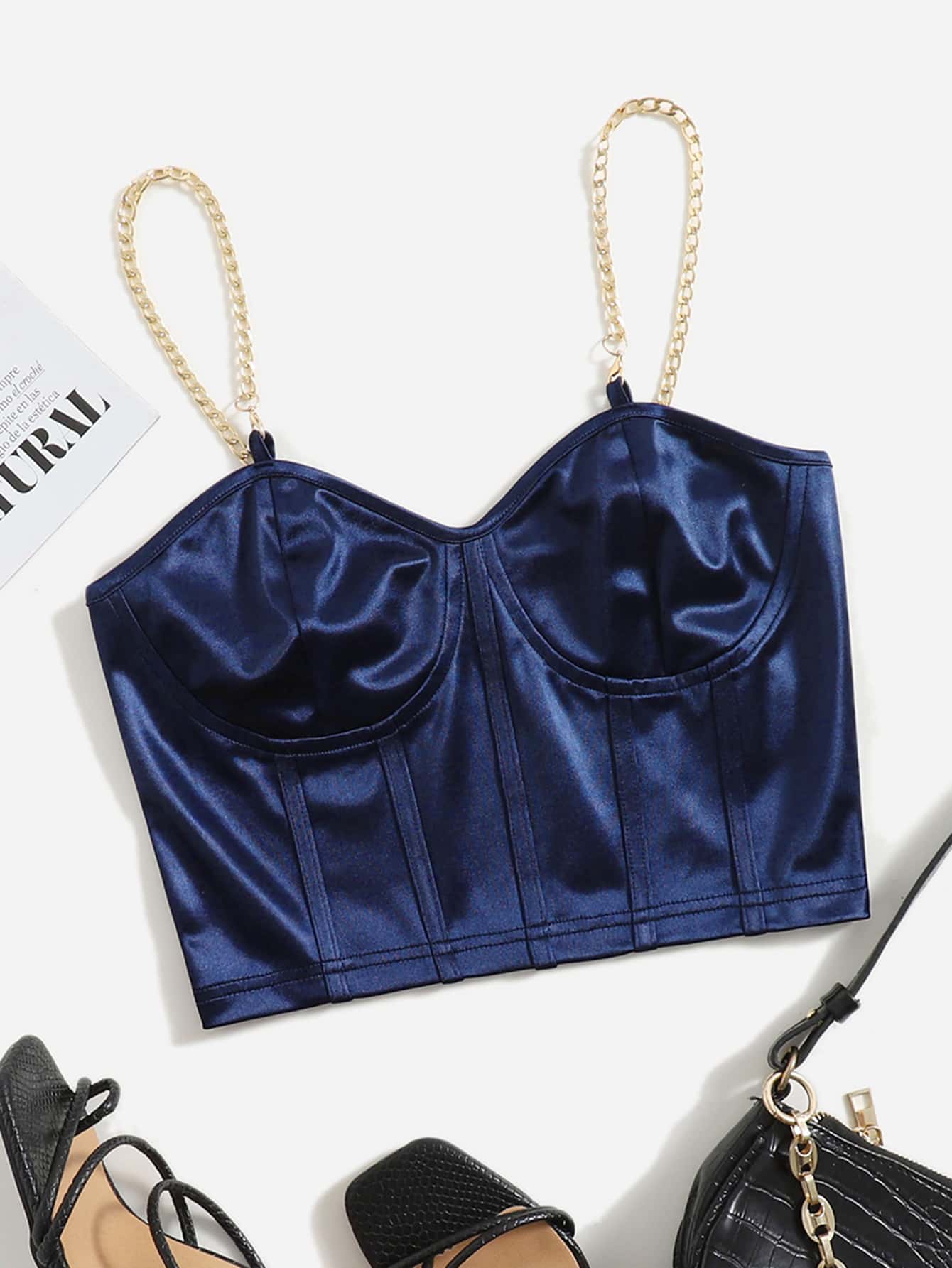 Chiquease Chain Detail Silky Bustier Cami Crop Top - Royal Blue - View 1