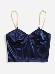 Chiquease Chain Detail Silky Bustier Cami Crop Top - Royal Blue - View 3