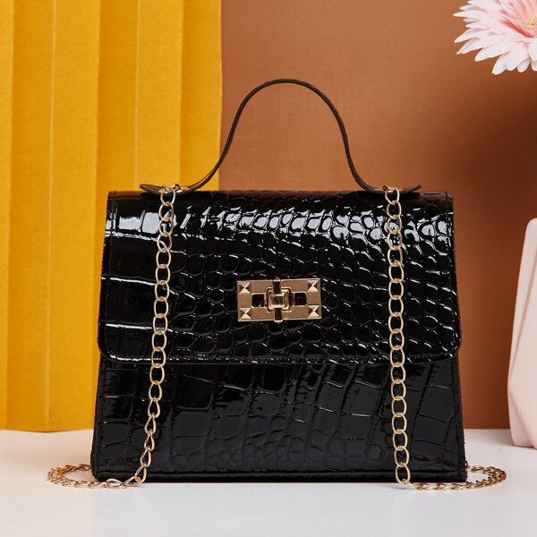 

Minimalist Croc Embossed Flap Square Bag, Black