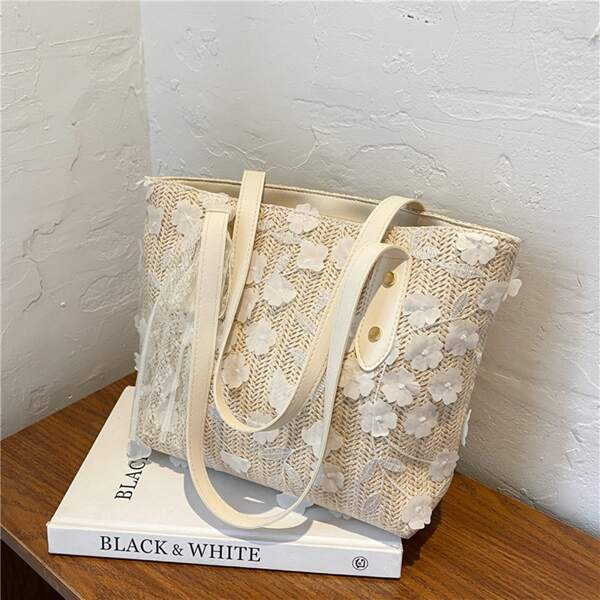 

Applique Decor Vacation Straw Bag, Beige