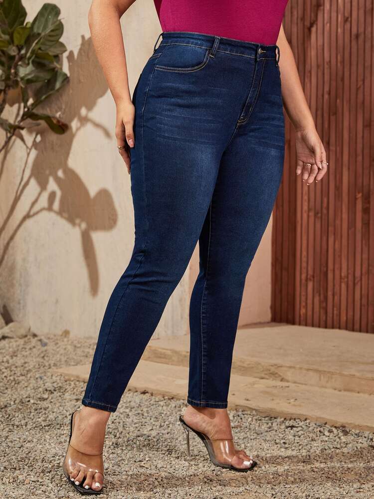 SHEIN LUNE 大碼斜口袋緊身牛仔褲 - 深色水洗藍 - 查看 4