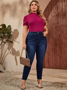 SHEIN LUNE Plus Slant Pocket Skinny Jeans - Dark Wash - View 5