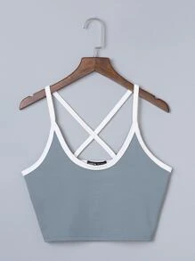 SHEIN Unity Criss Cross Contrast Binding Cami Top - Dusty Blue - View 1