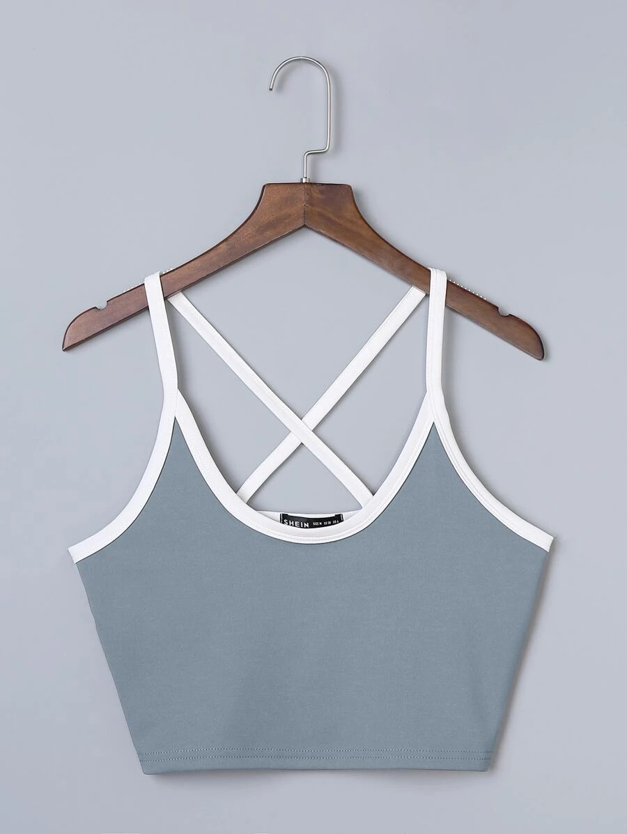SHEIN Unity Criss Cross Contrast Binding Cami Top - Dusty Blue - View 1