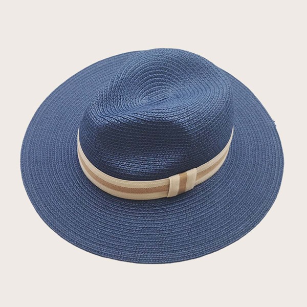 

Striped Pattern Straw Hat, Blue