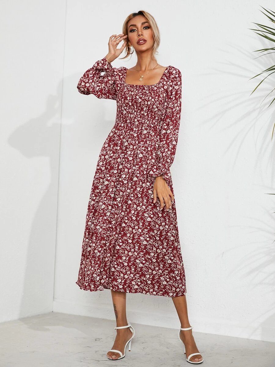 SHEIN Essnce 大圓領小碎花上身打攬A字連衣裙 - 彩色 - 查看 1