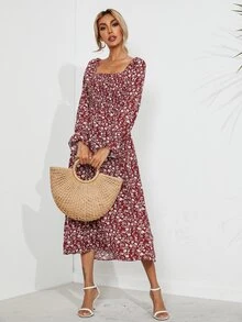 SHEIN Essnce 大圓領小碎花上身打攬A字連衣裙 - 彩色 - 查看 5