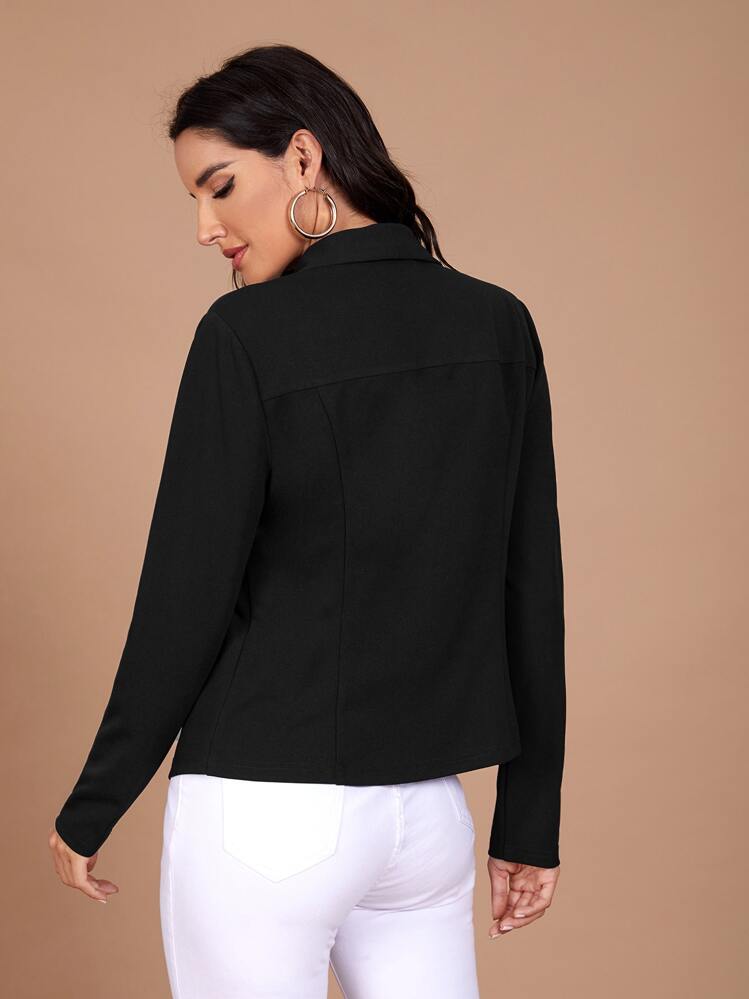 SHEIN Privé 翻領素色西裝外套 - 黑色 - 查看 2