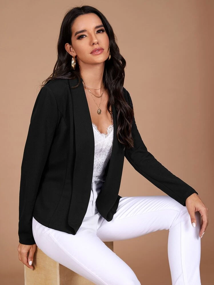 SHEIN Privé 翻領素色西裝外套 - 黑色 - 查看 5