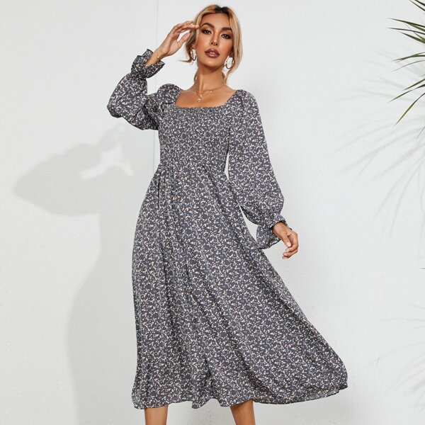 

Square Neck Ditsy Floral Flounce Sleeve A-Line Dress, Multicolor