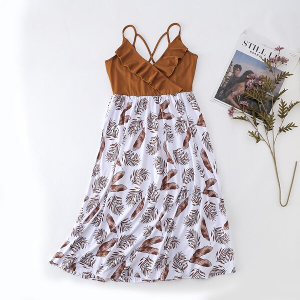 

Leaf Print Ruffle Trim Criss Cross Back Cami Dress, Brown