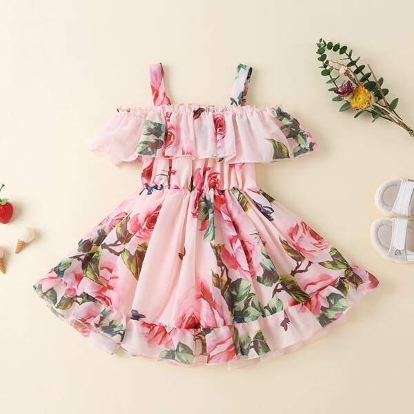 

Toddler Girls Floral Print Flounce Trim Dress, Baby pink