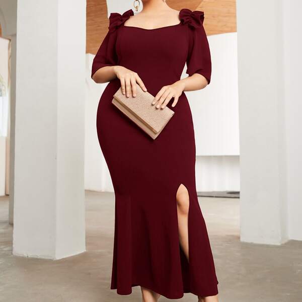 

Plus Flutter Sleeve Ruffle Detail Split Thigh Dress, Burgundy