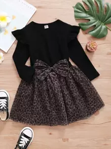 小女童條紋針織荷葉邊上衣和豹紋印花前蝴蝶結半身裙 - 彩色 - 查看 1