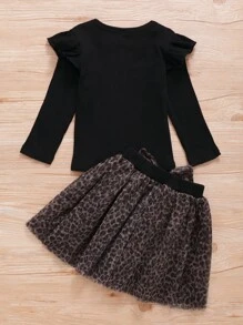 小女童條紋針織荷葉邊上衣和豹紋印花前蝴蝶結半身裙 - 彩色 - 查看 2