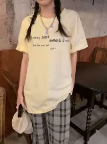Kaos Lengan Longgar dengan Slogan Grafis Dua Warna - MultiWarna - View 1