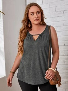EMERY ROSE Áo hai dây Plus Size Cắt ra màu trơn Giải trí - Xám - Xem 1