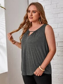 EMERY ROSE Áo hai dây Plus Size Cắt ra màu trơn Giải trí - Xám - Xem 3