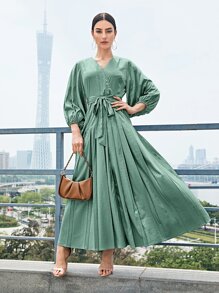 Mulvari 燈籠袖百褶下擺滿版提花緞面腰帶洋裝