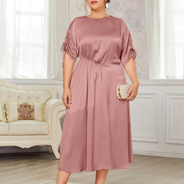 

Plus Drawstring Sleeve Satin Dress, Dusty pink