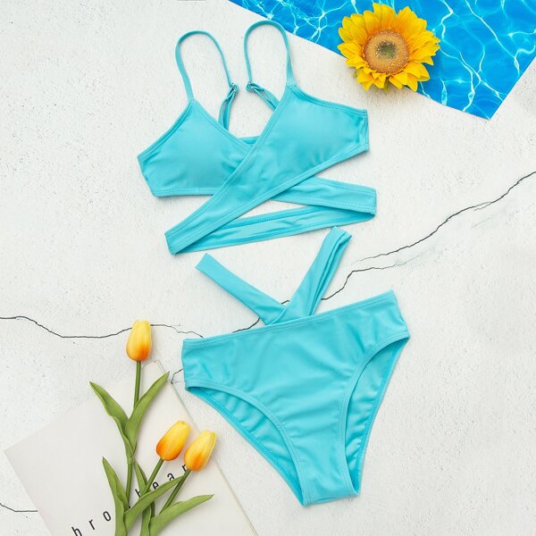 

Girls Solid Wrap Bikini Swimsuit, Baby blue