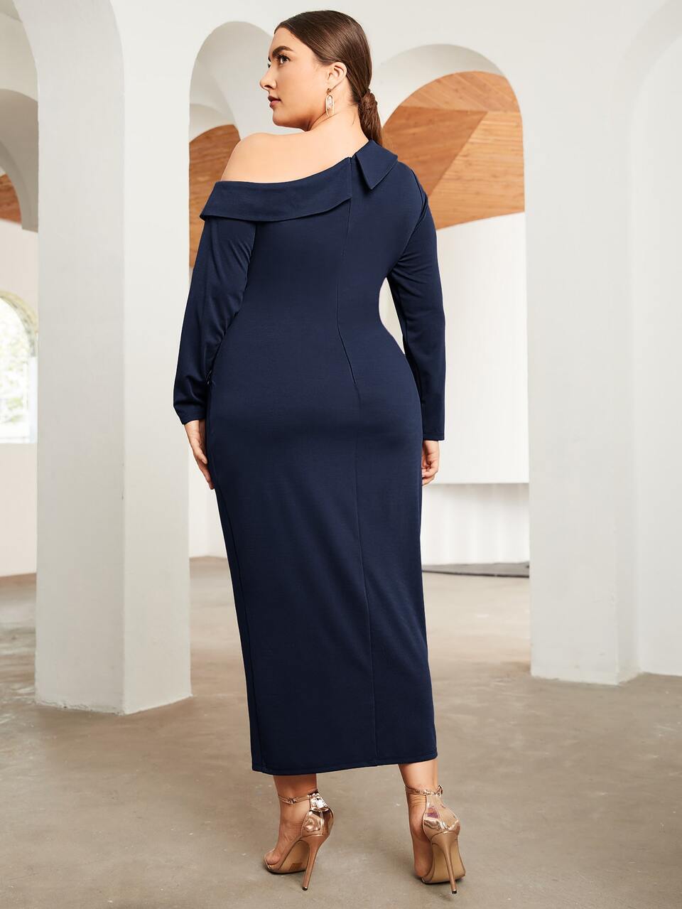 Plus Asymmetrical Shawl Collar Ruched Split Hem Dress