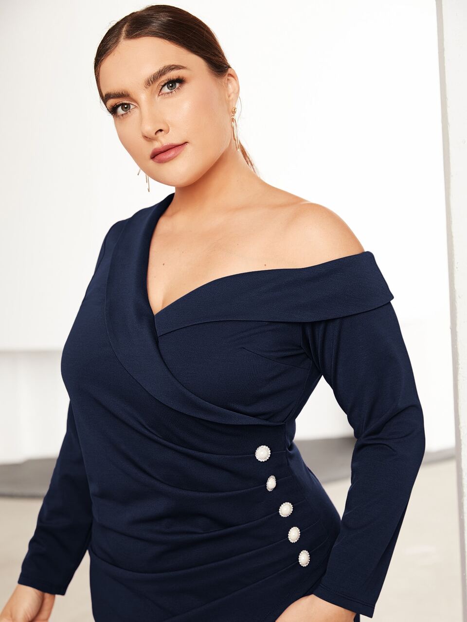 Plus Asymmetrical Shawl Collar Ruched Split Hem Dress