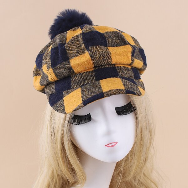 

Pom Pom Decor Baker Boy Cap, Yellow