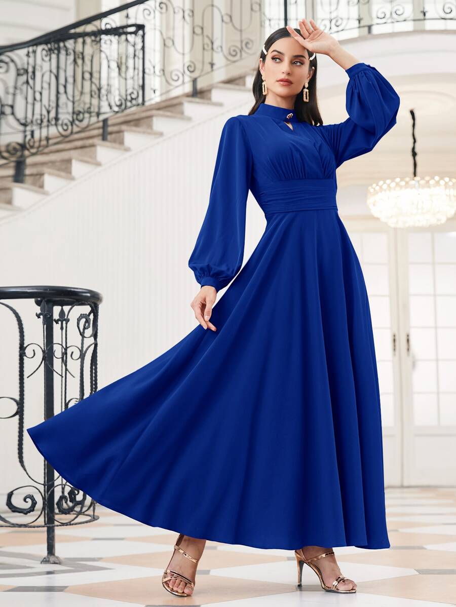 Modelyn Choker Neck Bishop Sleeve Modest Long Sleeve Dress - Royal Blue - View 1