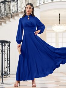 Modelyn Choker Neck Bishop Sleeve Modest Long Sleeve Dress - Royal Blue - View 3