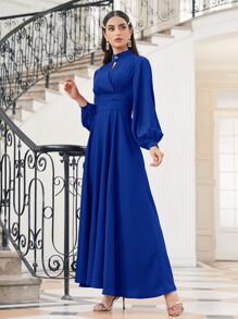 Modelyn Choker Neck Bishop Sleeve Modest Long Sleeve Dress - Royal Blue - View 5