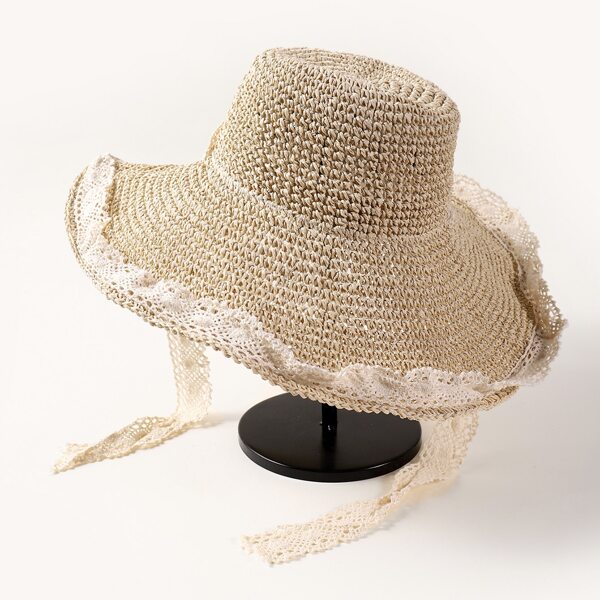 

Scallop Trim Decor Straw Hat, Beige