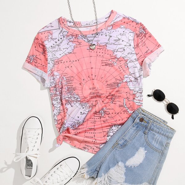 

Plus Map Print Short Sleeve Tee, Pink
